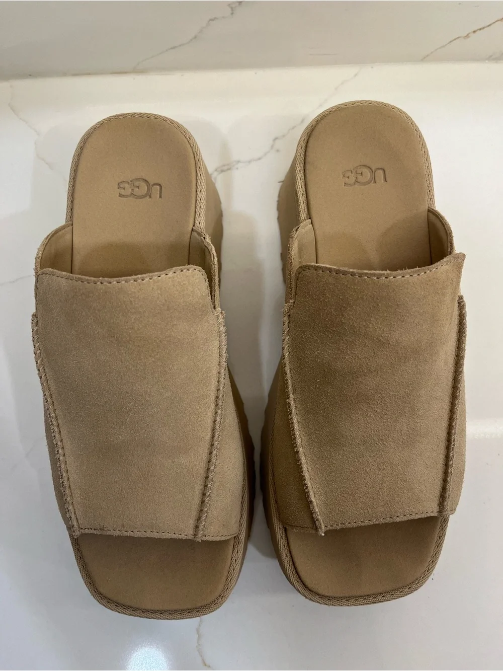 UGG Suede Platform Slide Sandals Camel Tan Square Toe Wedge Slides Sz 9